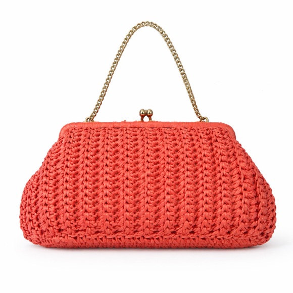 Vintage Handbags - Vintage Coral Crochet Clutch with Gold Chain